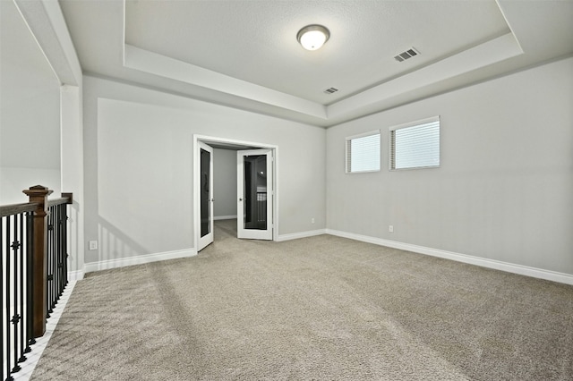 spare room featuring a raised ceiling and carpet flooring