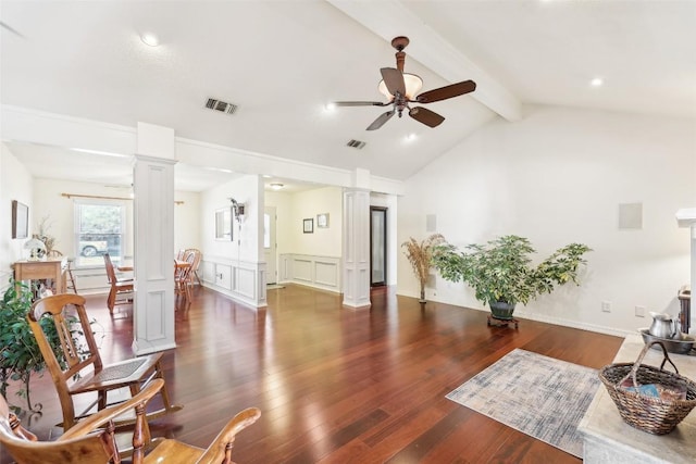 sitting room featuring ornate columns, dark wood-type flooring, ceiling fan, and lofted ceiling with beams