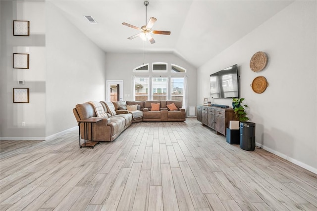 living room featuring lofted ceiling, light hardwood / wood-style flooring, and ceiling fan