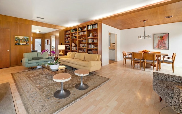 living room with wood ceiling, light hardwood / wood-style floors, and wood walls