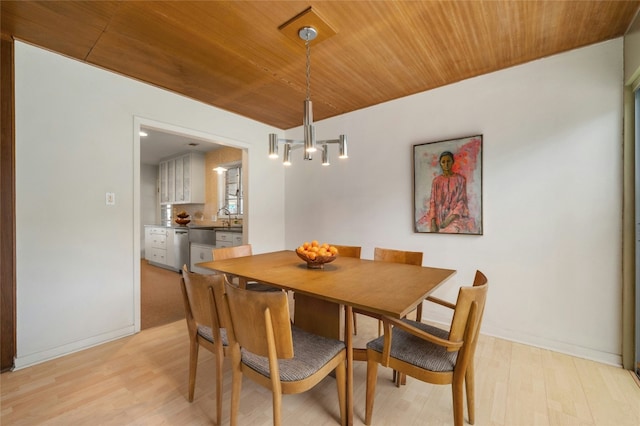 dining room featuring wood ceiling, sink, and light wood-type flooring