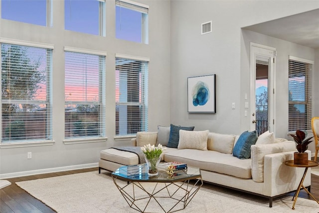 living room with a high ceiling and wood-type flooring