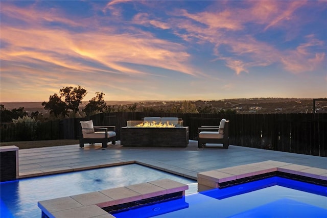 2513 Long Lasso Pass, Leander, TX 78641 - view of pool featuring an outdoor fire pit, a hot tub, and a patio