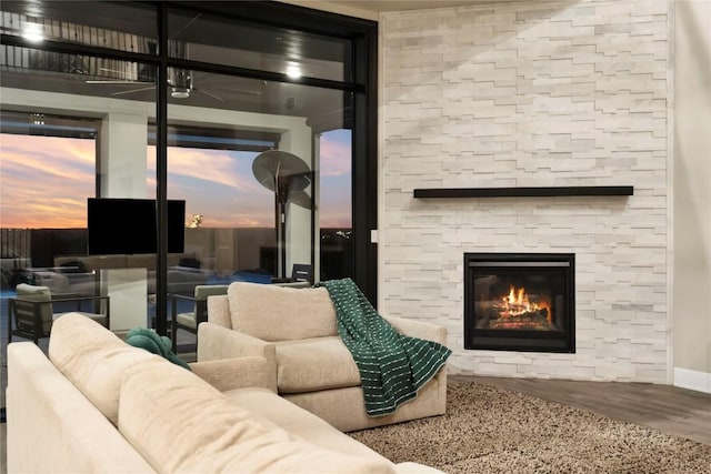 living room with wood-type flooring and a fireplace