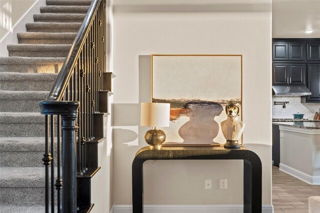 room details with backsplash and hardwood / wood-style floors