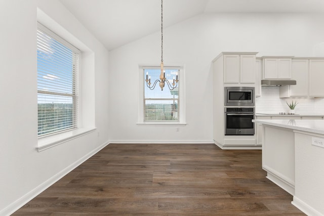 kitchen with white cabinetry, decorative light fixtures, stainless steel appliances, and dark hardwood / wood-style floors