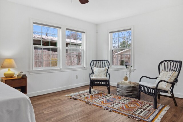 sitting room featuring wood-type flooring and ceiling fan