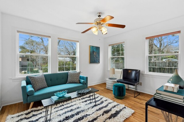 living room with ceiling fan and hardwood / wood-style floors