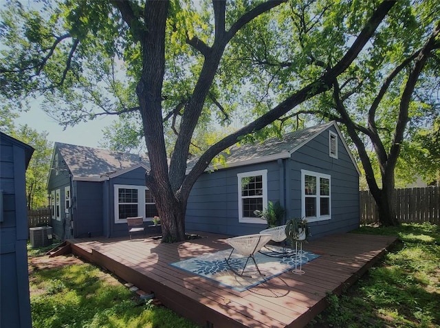 2108 Glendale Pl, Austin, TX 78704 - rear view of house featuring central AC, fence, and a wooden deck