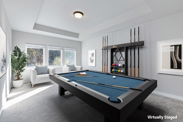 game room with carpet flooring, a tray ceiling, and pool table