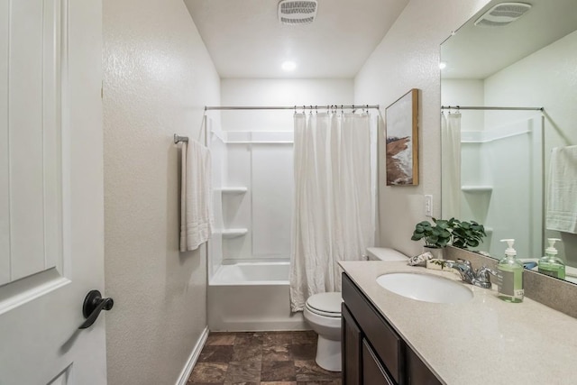 full bathroom featuring toilet, vanity, and shower / bathtub combination with curtain