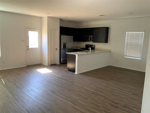 kitchen with sink, dark hardwood / wood-style floors, stainless steel appliances, and kitchen peninsula