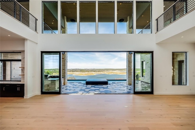 doorway to outside featuring a water view, a wealth of natural light, and light wood-type flooring