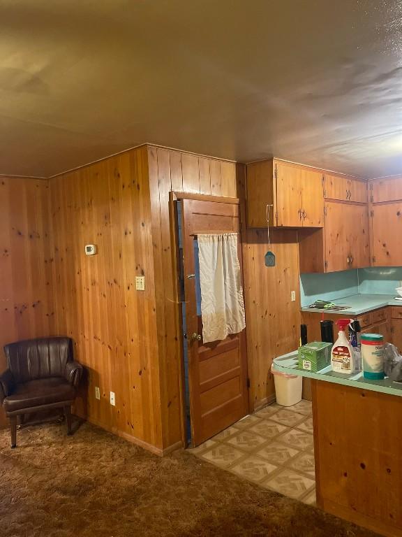 kitchen with wood walls