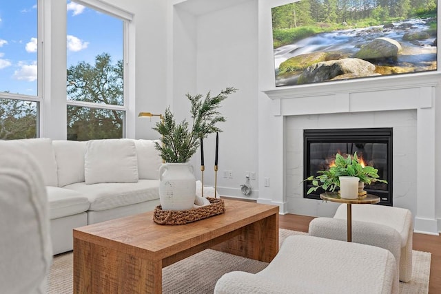 living area with a fireplace, wood finished floors, and baseboards