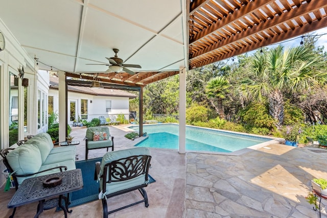 view of pool featuring an outdoor living space, a pergola, ceiling fan, and a patio area