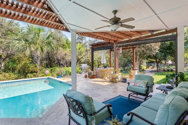 view of swimming pool featuring ceiling fan, an outdoor living space, a pergola, and a patio