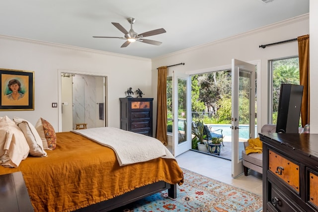 bedroom with crown molding, ceiling fan, access to exterior, and french doors