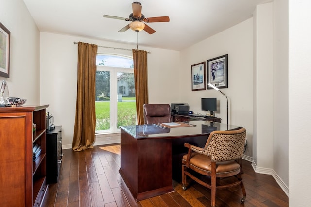 office area featuring dark hardwood / wood-style floors and ceiling fan