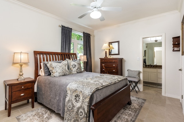 tiled bedroom with crown molding, ensuite bath, and ceiling fan