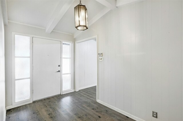 entryway featuring beam ceiling, dark wood-type flooring, and plenty of natural light