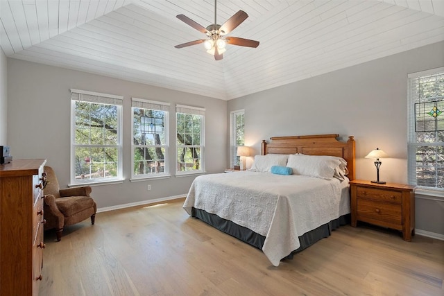 bedroom with multiple windows, vaulted ceiling, wooden ceiling, and light wood-type flooring