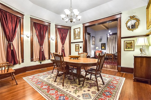 dining area with hardwood / wood-style floors and a notable chandelier