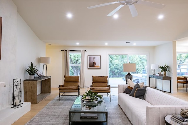 living room with plenty of natural light and light hardwood / wood-style floors