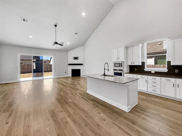 17401 Howdy Way, Manor, TX 78653 - kitchen featuring a sink, stainless steel appliances, high vaulted ceiling, a ceiling fan, and open floor plan