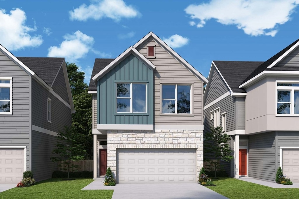 5502 Forks Rd, Austin, TX 78747 - view of front of house with stone siding, board and batten siding, a garage, driveway, and a front lawn