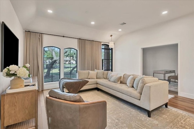 living room with lofted ceiling and light wood-type flooring