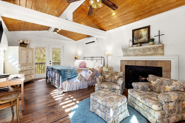 bedroom with dark hardwood / wood-style flooring, access to exterior, ceiling fan, a wall unit AC, and french doors