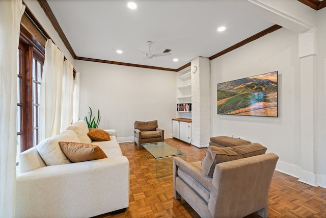 living room with crown molding, parquet flooring, and ceiling fan