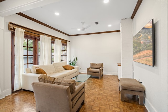 living room featuring ceiling fan, ornamental molding, and light parquet floors