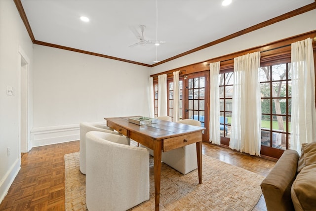 dining area featuring ceiling fan, crown molding, french doors, and light parquet flooring