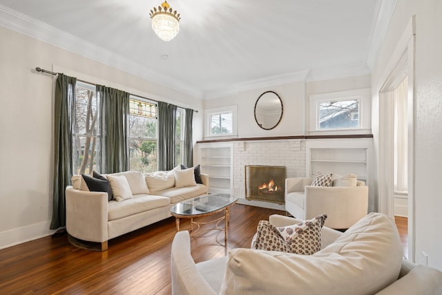 living room with ornamental molding, dark wood-type flooring, and a fireplace