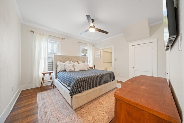 bedroom featuring crown molding, ceiling fan, and hardwood / wood-style flooring