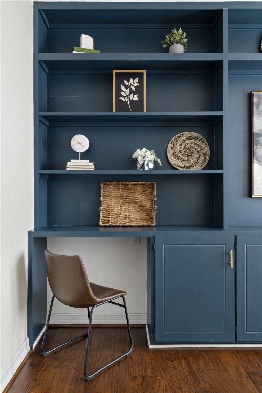 bar featuring dark hardwood / wood-style flooring, built in shelves, and blue cabinets