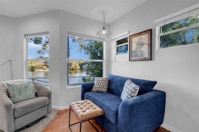 sitting room featuring hardwood / wood-style flooring and a water view