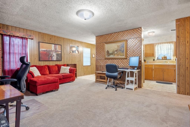 home office featuring light carpet, sink, and a textured ceiling