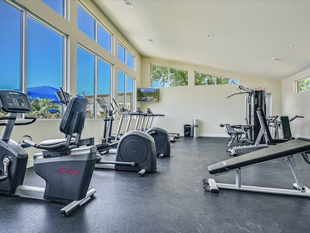 gym featuring visible vents, baseboards, and recessed lighting