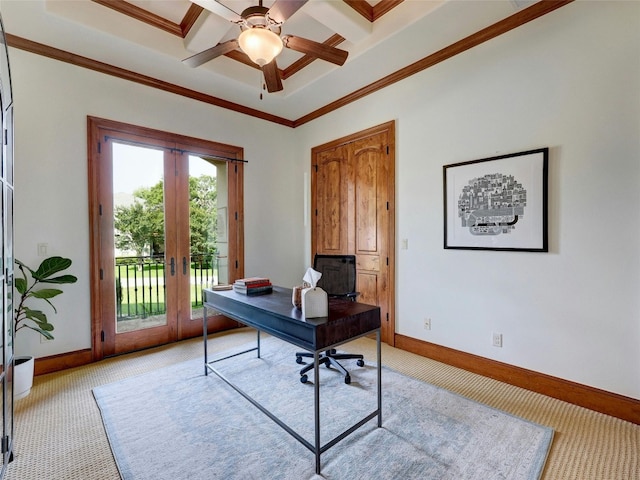 home office with crown molding, ceiling fan, coffered ceiling, light carpet, and french doors