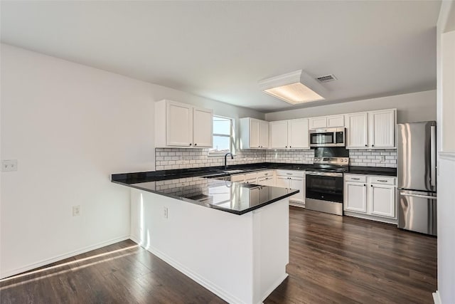 kitchen featuring white cabinetry, backsplash, kitchen peninsula, stainless steel appliances, and dark wood-type flooring