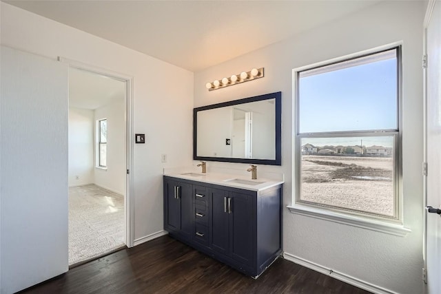 bathroom with vanity and hardwood / wood-style floors