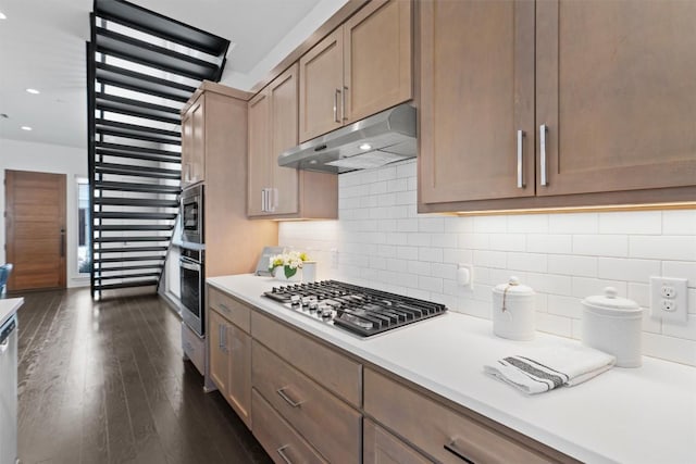 kitchen with tasteful backsplash, stainless steel appliances, and dark hardwood / wood-style floors