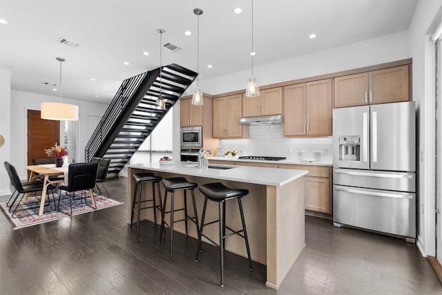 kitchen featuring tasteful backsplash, an island with sink, sink, hanging light fixtures, and stainless steel appliances