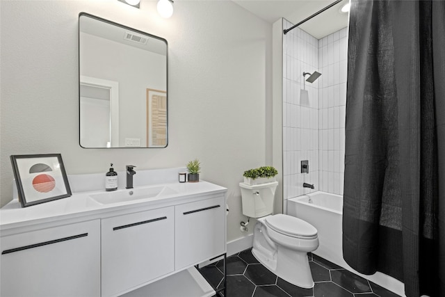 full bathroom featuring shower / bathtub combination with curtain, vanity, toilet, and tile patterned flooring