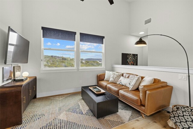 living room with a high ceiling and light hardwood / wood-style floors