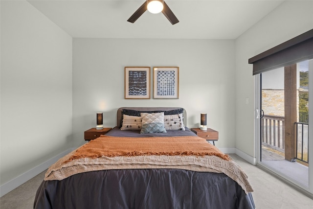 bedroom featuring light carpet, access to outside, ceiling fan, and baseboards