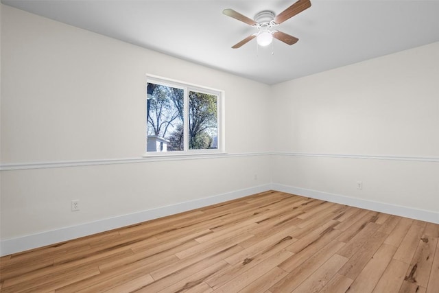 empty room with ceiling fan and light hardwood / wood-style floors